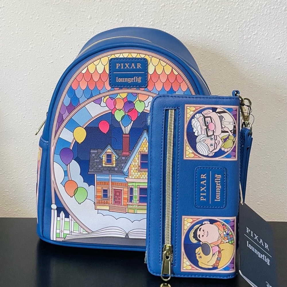 NWT Loungefly Disney Pixar Up Stained Glass Mini Backpack and Wallet. - Picture 2 of 5